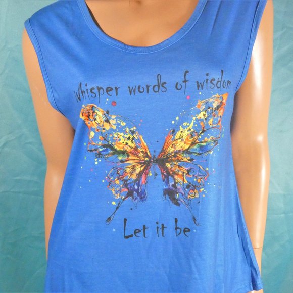 *REDUCED* Sleeveless T-shirt butterfly "Whisper Words of Wisdom, Let it Be" Blue - Picture 1 of 5